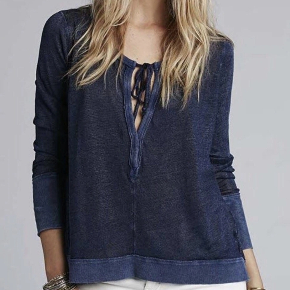 Free People We The Free Affogato Hacci Tunic Top Blue Linen Blend Boho Medium